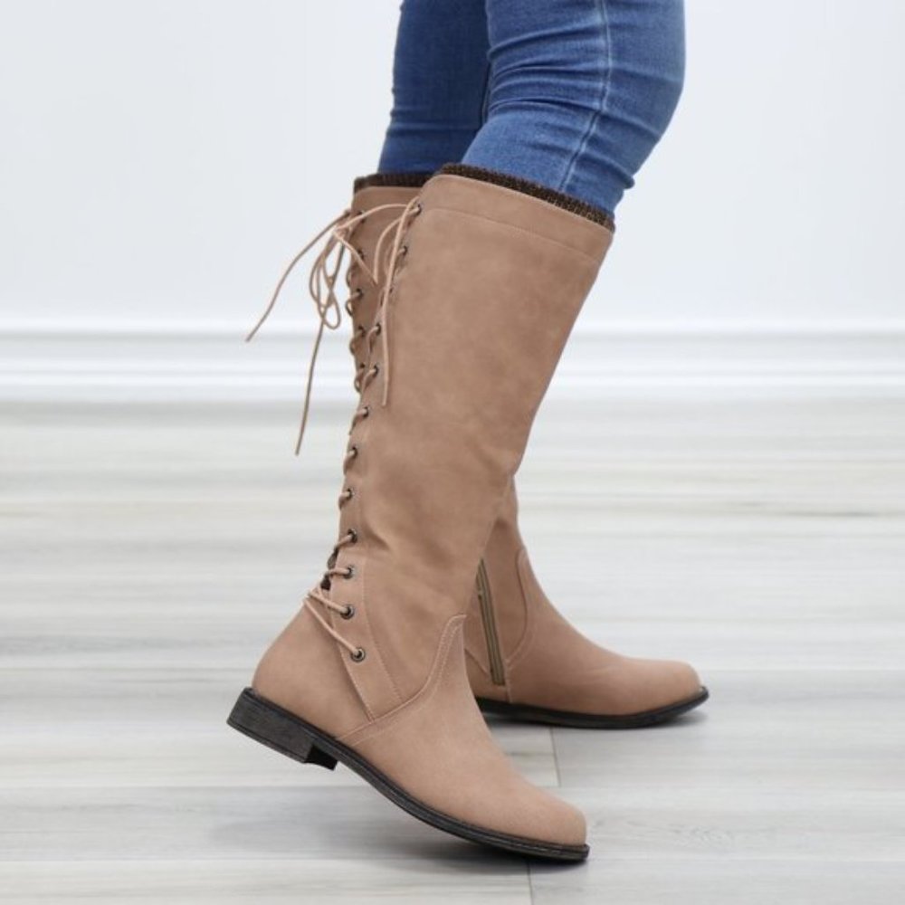 Taupe Warm Winter Mid Calf Lace Back Boots - Picture 15 of 15